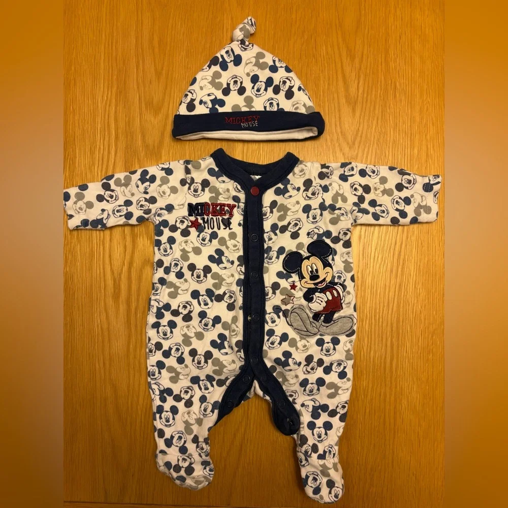 3 outfits! Disney Baby Mickey Mouse Baby Gro & Hat plus 2 blue sleep suits
